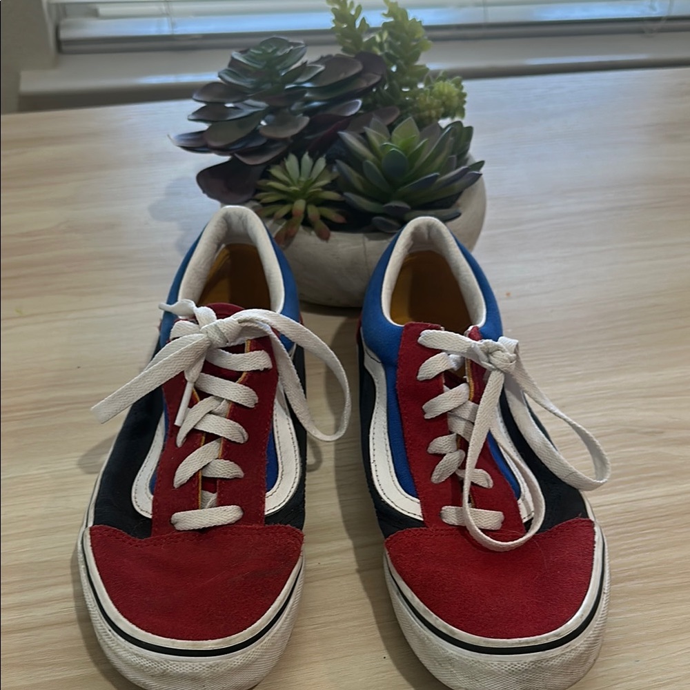 Red, Whit, Blue and Black VANS with White Laces! Gently used. Juniors Sz. 7
